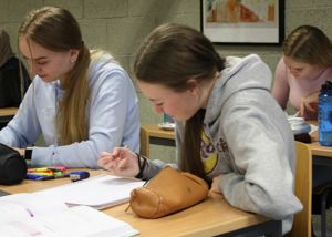 Bilde viser to jenter som sit ved pulten i klasserommet og skriv på PC.